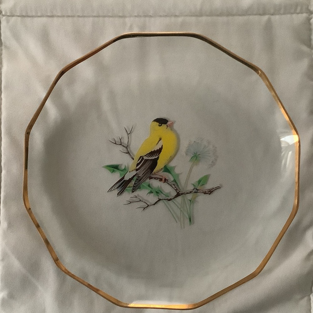 Decorative Plate with Yellow Bird and Gold Trim